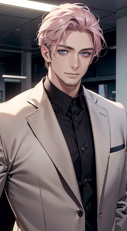 (best quality,4k,8k,highres,masterpiece:1.2),ultra-detailed,(realistic,photorealistic,photo-realistic:1.37),1 man,31 years old,mature man,very handsome,without expression,smile,short grey pink hair,blue eyes,penetrating gaze,perfect face without errors,imposing posture,businessman,office background,cinematic lighting,hdr image