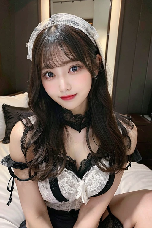 Browsing Caution,(Beautiful 20 year old girl,double eyelid,Tear bags,big, Round eyes、Long eyelashes),(H-cup busty、garter belt)、(Long black hair,bangs)、On the bed in a one-person household、Highest quality, shape, Very detailed, The finer details, High resolution, 8k, Perfect dynamic composition, Beautiful details,Natural color lip, A shy smile、The only person, Bust up photo、Correct posture