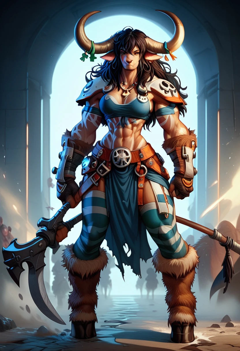 a anthropomorphic female furry tauren/minotaur buff,muscular wearing a cool outfit,stylish,thick,big axe,horns,2000’s style. A sensual,sexy,cool,expression,full body.The scene has a cool,sweet,sexual,jet set radio/guilty gear style and a vibrant tone. Urban modern setting in the background.