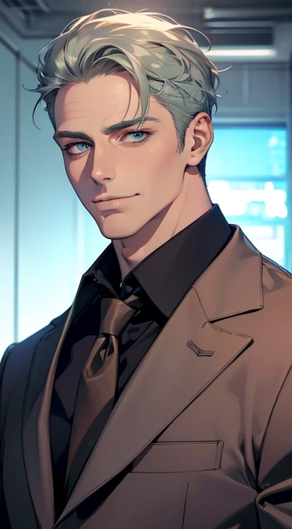 (best quality,4k,8k,highres,masterpiece:1.2),ultra-detailed,(realistic,photorealistic,photo-realistic:1.37),1 man,31 years old,mature man,very handsome,without expression,smile,short grey green hair,blue eyes,penetrating gaze,perfect face without errors,imposing posture,businessman,office background,cinematic lighting,hdr image