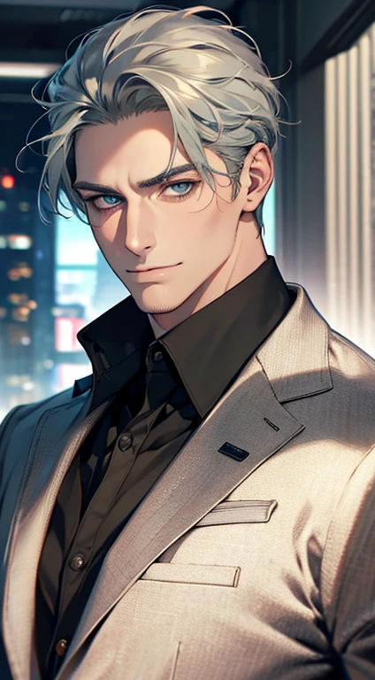(best quality,4k,8k,highres,masterpiece:1.2),ultra-detailed,(realistic,photorealistic,photo-realistic:1.37),1 man,31 years old, man,very handsome,without expression,smile,short grey green hair,blue eyes,penetrating gaze,perfect face without errors,imposing posture,businessman,office background,cinematic lighting,hdr image