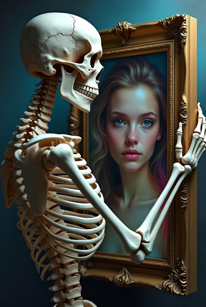 (((Human skeleton holding a picture frame))),Picture frame with a beautiful girl photo。Illusion art illustration,Vibrant colors,Detailed mirror reflection,Realistic lighting,emphasize,portrait,Surrealism,Ethereal,distortion,Abstract,Concept Art