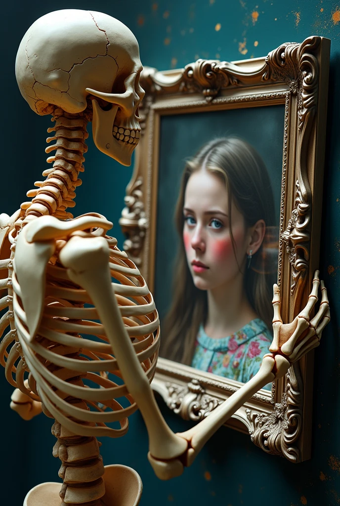 (((Human skeleton holding a picture frame))),Picture frame with a beautiful girl photo。Illusion art illustration,Vibrant colors,Detailed mirror reflection,Realistic lighting,emphasize,portrait,Surrealism,Ethereal,distortion,Abstract,Concept Art