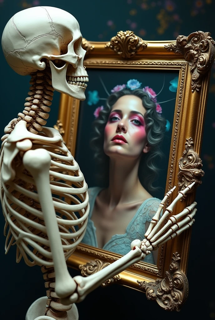 (((Human skeleton holding a picture frame))),Picture frame with a beautiful girl photo。Illusion art illustration,Vibrant colors,Detailed mirror reflection,Realistic lighting,emphasize,portrait,Surrealism,Ethereal,distortion,Abstract,Concept Art