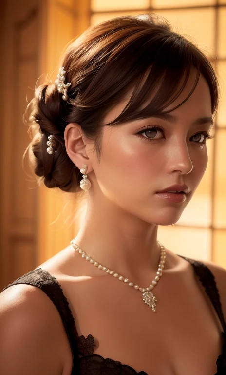 (1 elegant French-Japanese noblewoman, detailed portrait, lavish gown, intricate lace, pearls, diamonds, elegant updo hairstyle, loose strands framing face, (best quality,4k,8k,highres,masterpiece:1.2),ultra-detailed,(realistic,photorealistic,photo-realistic:1.37),highly detailed portrait, cinematic lighting, dramatic chiaroscuro, Renaissance painting style, warm color palette, dramatic lighting, cowboy_shot, SFW, SAFE FOR WORK, BOKEH)