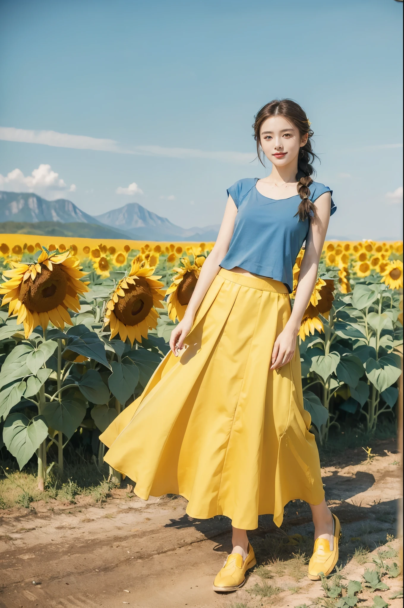 (((best quality))), (((ultra detailed))), (((masterpiece))), illustration,((a beautiful Ukrainian girl,solo)),((slim,thin)),((small breasts,flat chest)),(standing amidst a field of sunflowers:1.3),(short blue braid hair:1.3), (((vibrant blue shirt,maxi bright yellow skirt))),(slender legs:1.2),(loafers:1.2),((from front,full body)),complementary attire, (horizon as backdrop:1.2),((brilliant shade of clear blue sky, stark contrast with sea of yellow sunflowers)),striking features, sharp piercing eyes, warm kindness, subtle smile, gentle nature, simplicity of beauty