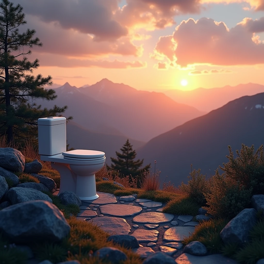 Create a toilet for me, which lies on top of a mountain with a beautiful view of the mountains with sunset