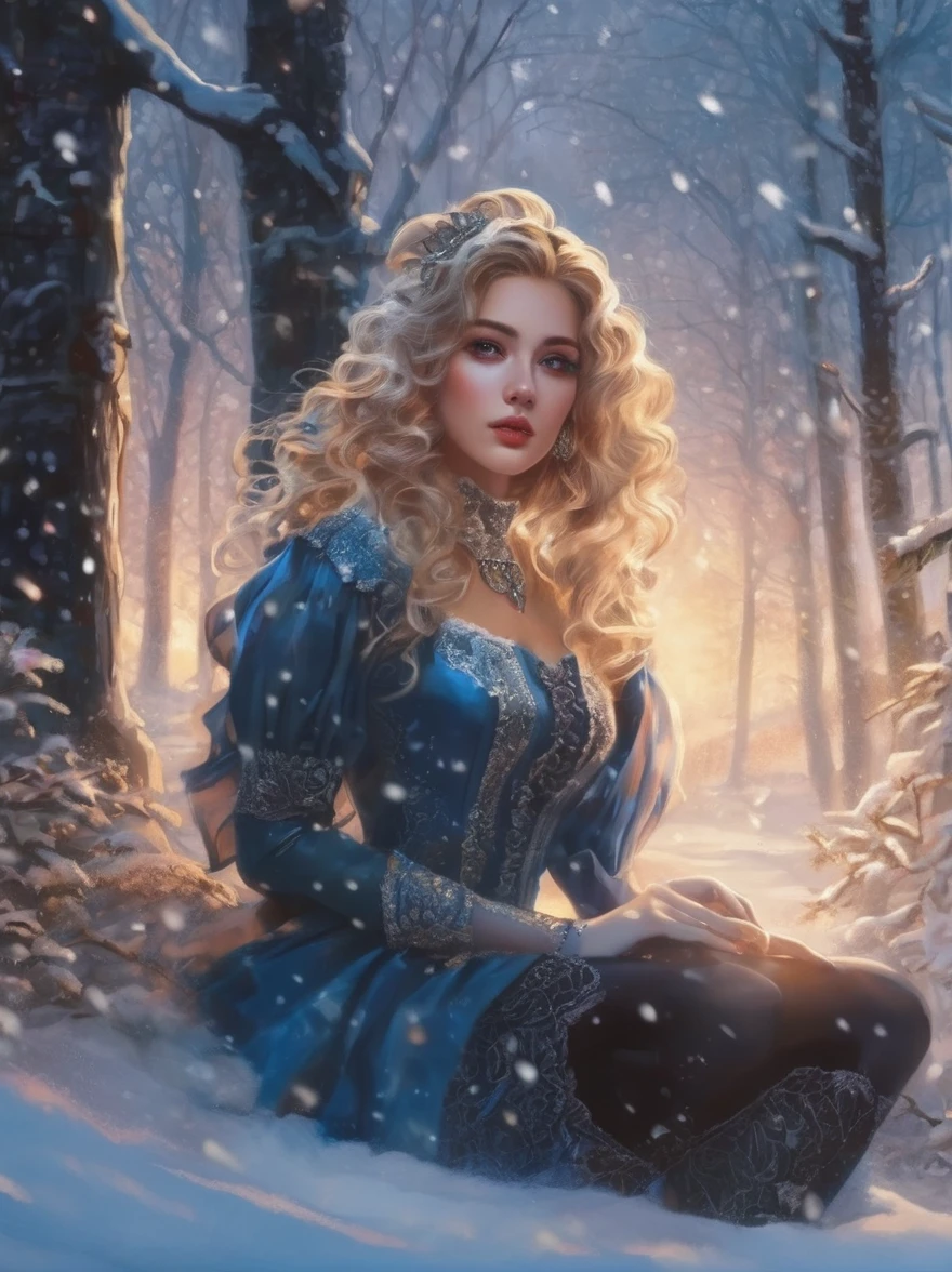 Masterpiece, Best Quality, Latin girl 18 years old, teenaged, Blonde , Curly, Medium-length hair without styling, Snow on wet hair , Short dress with long sleeves, Bracelet on the left wrist, necklace around the neck, Black openwork stockings, high-heeled shoes, His skin was covered with goosebumps, Kneeling in deep snow in the middle of a winter forest, looks into the distance, Snowy Wild Forest, It's cold, snowing, beatiful face, Freezes, Lips turn blue, Thin body, shapely legs, steam from the mouth, tears in eyes, Mascara smeared around the eyes ,Terrified, frightened look ,Deep Snow, Snowflakes are falling, The body turns red ,Cold, teardrops,hysterics,dread,