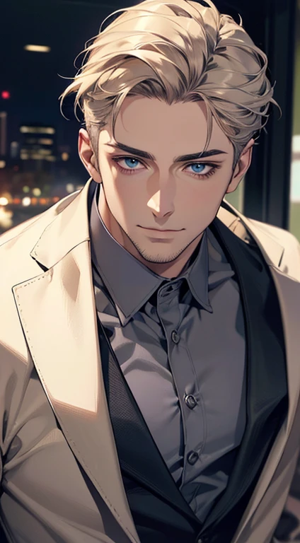 (best quality,4k,8k,highres,masterpiece:1.2),ultra-detailed,(realistic,photorealistic,photo-realistic:1.37),1 man,31 years old,mature man,very handsome,without expression,smile,short grey golden hair,blue eyes,penetrating gaze,perfect face without errors,imposing posture,businessman,office background,cinematic lighting,hdr image
