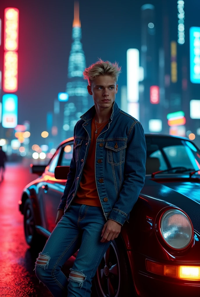 12K, HRD, film grain, 100 ASA, The image features very handsome scandinavian young man standing next to a Porsche 911 Carrera RS 3.8 (964), denim jacket, ripped jeans, cyberpunk, dark indigo red light, twilight. Photography. Neon cityscape in the background. Hyperrealism 1.5, masterpiece 1.0, Ultra HD.