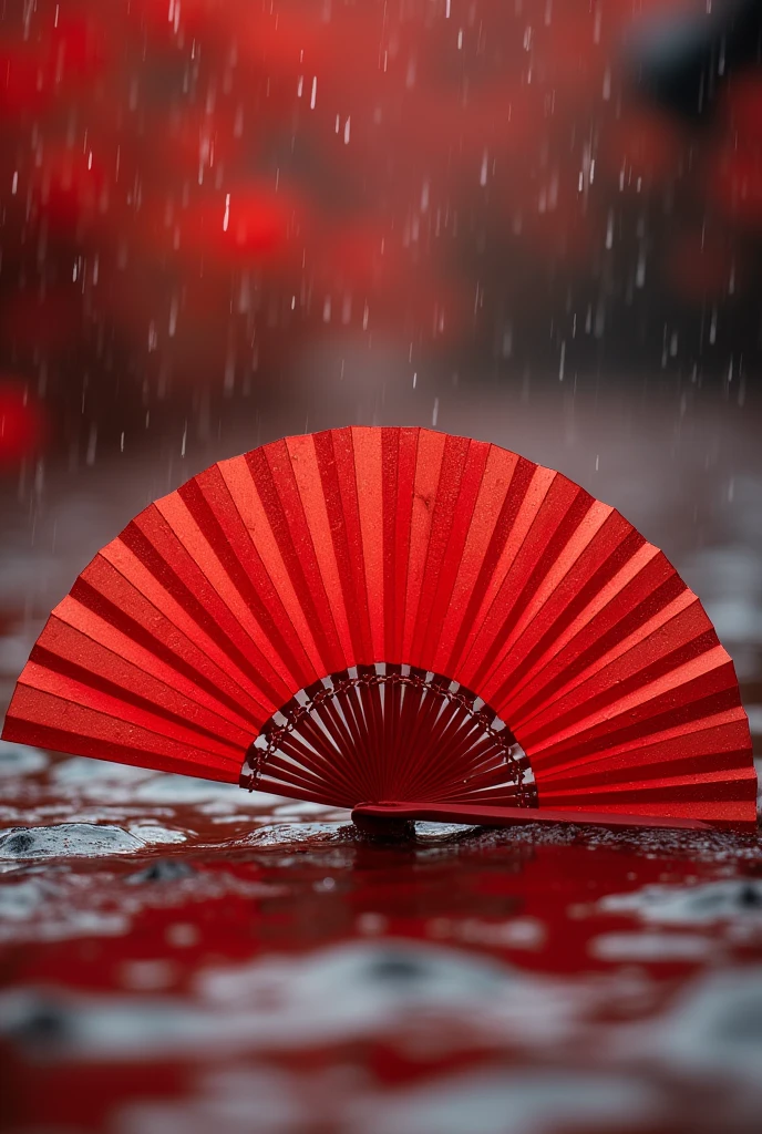A red fan lies flat on the water in the middle of the rain. Zoom in on the fan close up, with the red background.