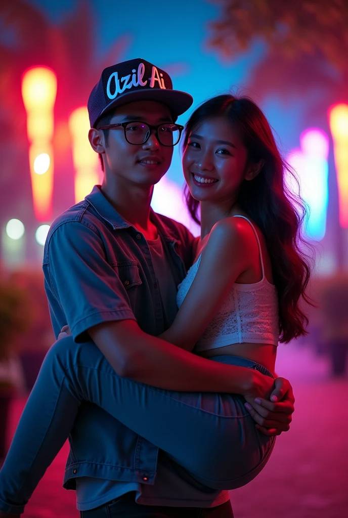 create a dramatic HD photo of a young Indonesian man wearing eyeglasses
snapback hat that says "Aizil Ai" in a cool writing style, and the man is carrying a beautifull korean woman wearing short pants, night scene, the garden background is decorated with neon LED lights, and add a stunning effect Ar 16:9