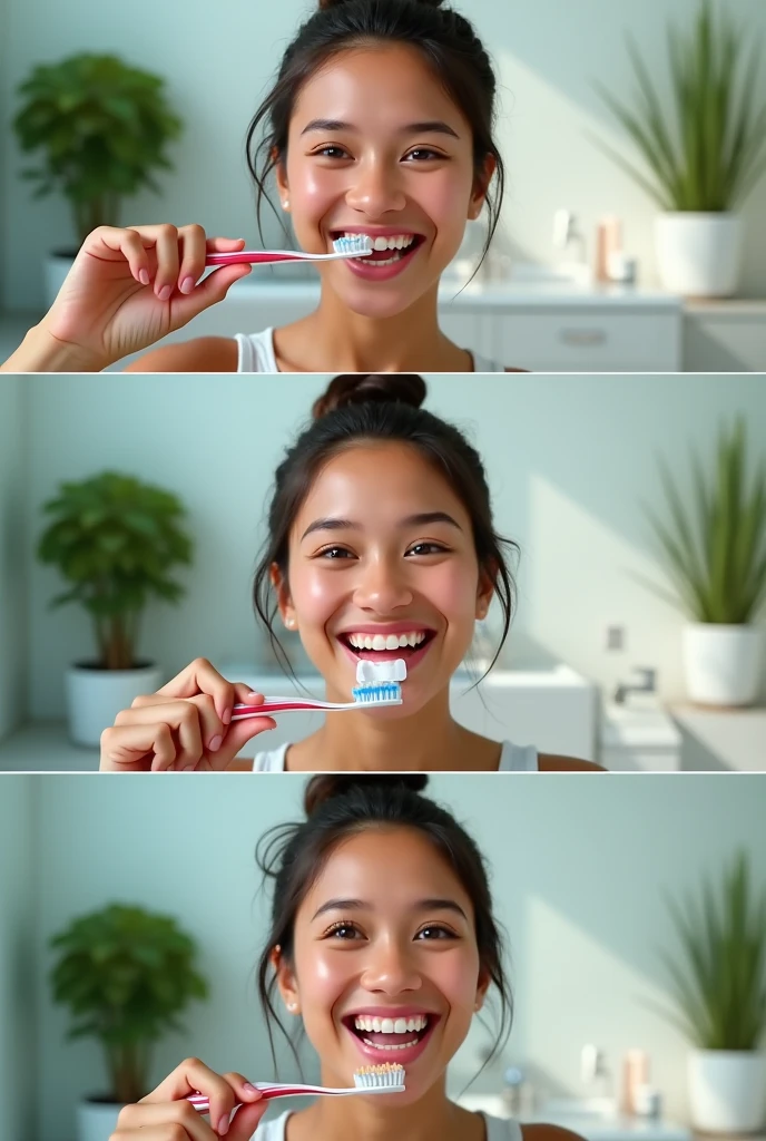Create a 3 x 3 photo ( two rows of 3 pictures each) shows a person using colgate optic white toothpaste for 3 days of using the product and the 3rd day shows the teeth whitening effect