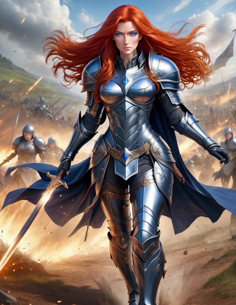 Sylara, mature woman of 40 with intense, long red hair, blue eyes, wears royal battle armor, a commander's cloak, a sword or weapon of choice, a regal helmet, enchanted combat boots, gauntlets of power, and magical-technological auxiliary equipment, In anime format, with the background of a battlefield, Riding a horse