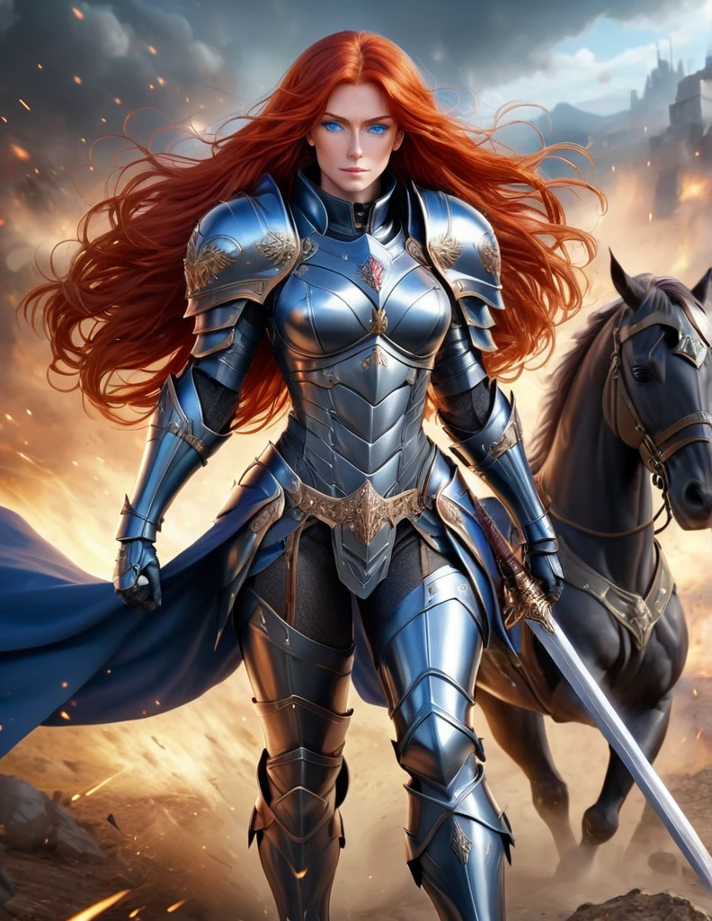 Sylara, mature woman of 40 with intense, long red hair, blue eyes, wears royal battle armor, a commander's cloak, a sword or weapon of choice, a regal helmet, enchanted combat boots, gauntlets of power, and magical-technological auxiliary equipment, In anime format, with the background of a battlefield, Riding a horse