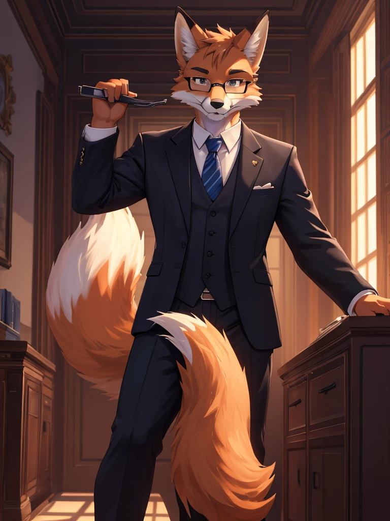 (a masterpiece, high quality, detailed image, 8k, Wallpaper, good lighting) 1 person, male fox furry, executive suit with glasses, business person, furry