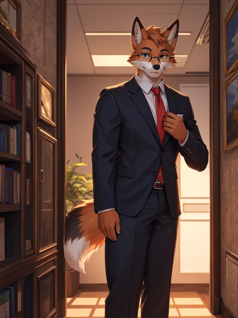 (a masterpiece, high quality, detailed image, 8k, Wallpaper, good lighting) 1 person, male fox furry, executive suit with glasses, business person, furry