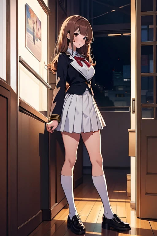One person, Height: 165cm,Chestnut Hair, Half-up hairstyle, Asymmetrical bangs, Large Breasts, smile, Droopy eyes, high school uniform,Anime Style, Nice body,Full body portrait
