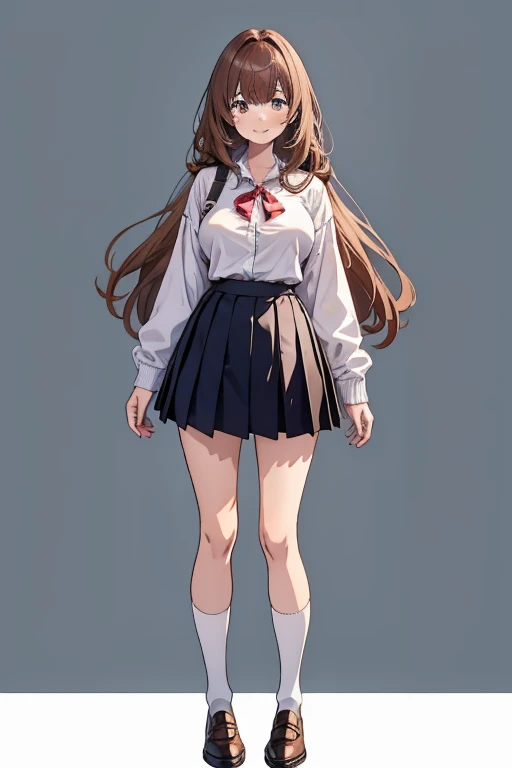 One person, Height: 165cm,Chestnut Hair, Half-up hairstyle, Asymmetrical bangs, Large Breasts, smile, Droopy eyes, high school uniform,Anime Style, Nice body,Full body portrait