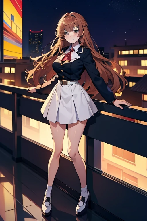 One person, Height: 165cm,Chestnut Hair, Half-up hairstyle, Asymmetrical bangs, Large Breasts, smile, Droopy eyes, high school uniform,Anime Style, Nice body,Full body portrait