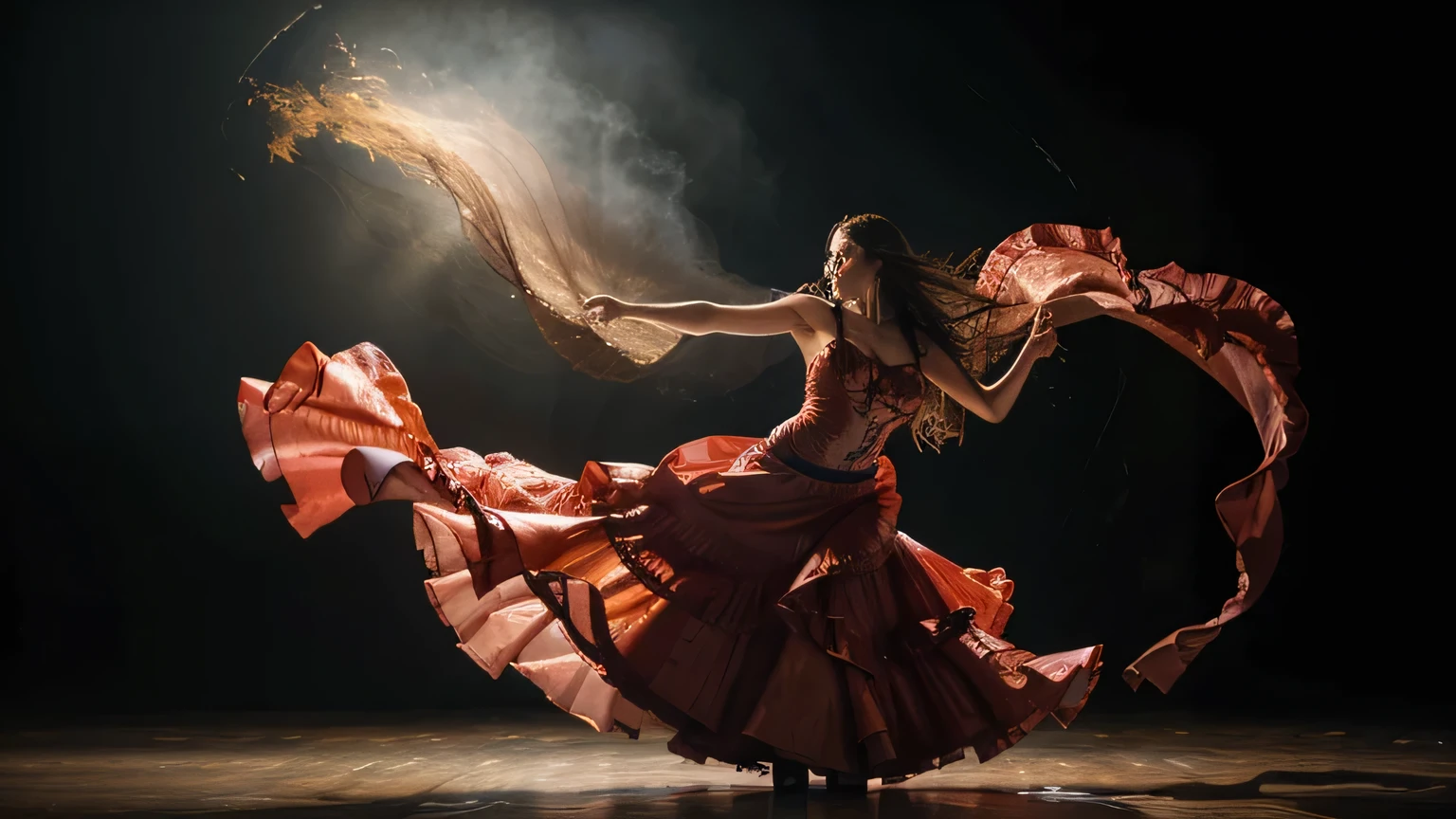 A Flamenco dancer with a long flowing dress dissolving into colorful liquid oil, blowing in the wind, cinematic lighting, photo realistic, studio lighting, perfect composition, shot with a Canon 1DX, still framing.