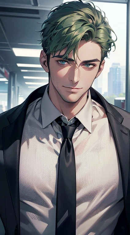 (best quality,4k,8k,highres,masterpiece:1.2),ultra-detailed,(realistic,photorealistic,photo-realistic:1.37),1 man,31 years old,mature man,very handsome,without expression,smile,short green hair,blue eyes,penetrating gaze,perfect face without errors,imposing posture,businessman,office background,cinematic lighting,hdr image