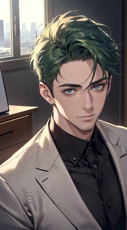 (best quality,4k,8k,highres,masterpiece:1.2),ultra-detailed,(realistic,photorealistic,photo-realistic:1.37),1 man,31 years old,mature man,very handsome,without expression,smile,short green hair,blue eyes,penetrating gaze,perfect face without errors,imposing posture,businessman,office background,cinematic lighting,hdr image