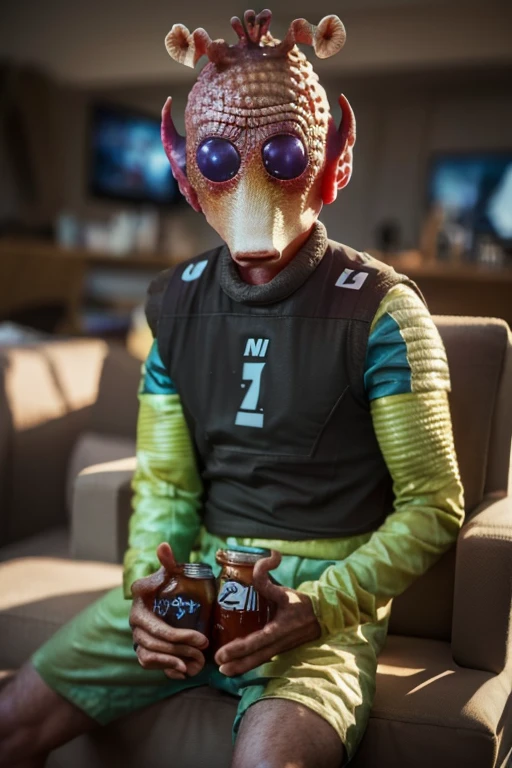 The alien is wearing a T-shirt and shorts. He is sitting in a relaxed position in an armchair in front of the TV in the room. He has a glass of yellow liquid in one hand and an empty bottle in the other. There are chips on the table. The image is positive, with a sense of humor. High quality, Realistic, 16 KB resolution, Nikon Z9, digital photography, ultratextured skin, Realistic photography, Cinematic effect, soft light, soft shadows, high-quality surround lighting