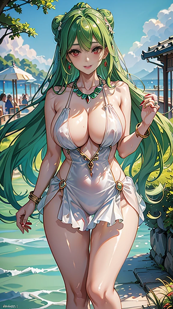 Masterpiece, Ultra HD, Ultra HD 8K, (((One woman))), Mysterious and fantastic image, Fantasy, Anime, (((Special costume))), Perfect voluminous body, (((Light Green double hair buns)))), (((((Shining Red Eyes))))), (((highlight on eyes))) (((Very long eyelashes))), She is very friendly and enjoys walking around the city (((Very nice smile))), Ultra realistic sharp focus, (((Beautiful body style, very , beautiful legs, wet and shiny skin, beautiful standing pose, earrings, necklace, bangle, ring))), Seaside town background