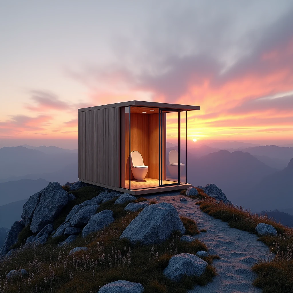 Create a toilet for me, which lies on top of a mountain with a beautiful view of the mountains with sunset