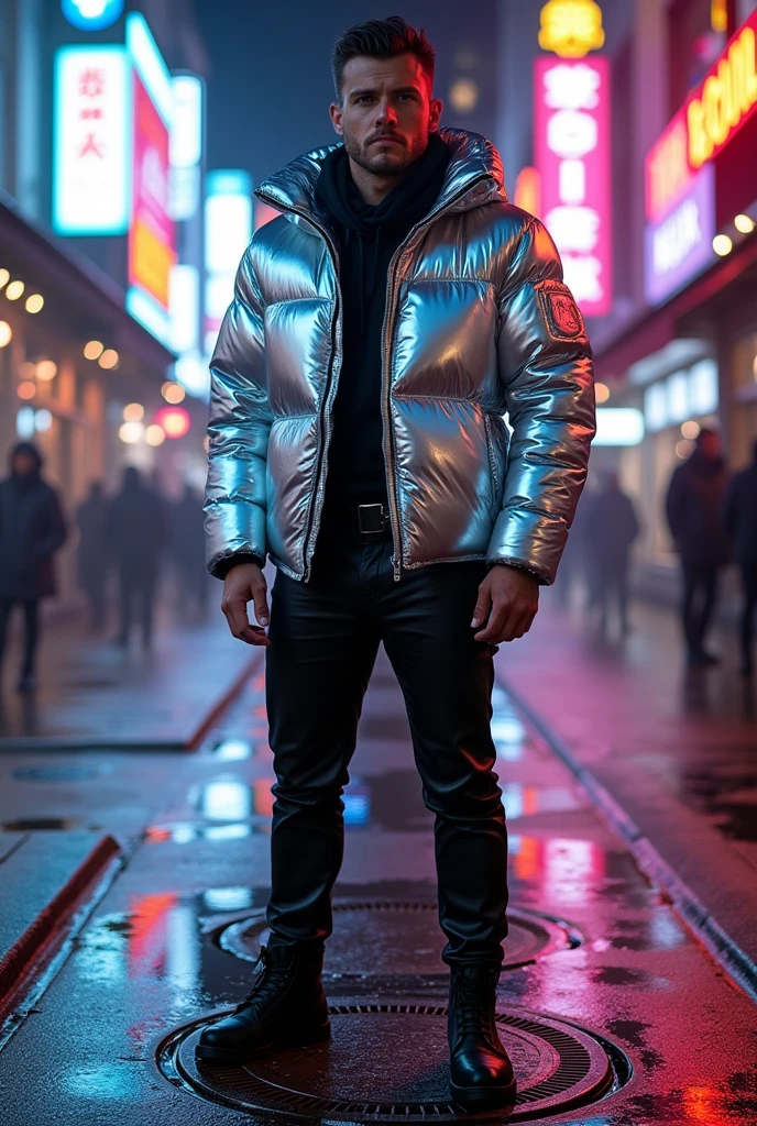 Man in shiny puffer jacket and leather suit