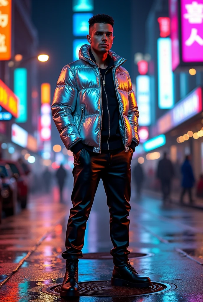 Man in shiny puffer jacket and leather suit