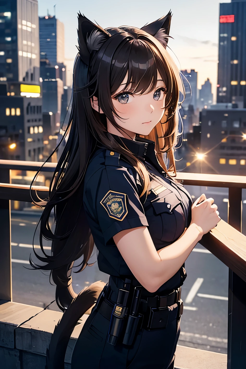 25-year-old woman(Police Officer)、Messy brown semi-long hair、Cat ears、彼女の目は緑色でbeautiful、cop uniform、new york night view background、Police office、High resolution, High detail, Active Pause、beautiful
