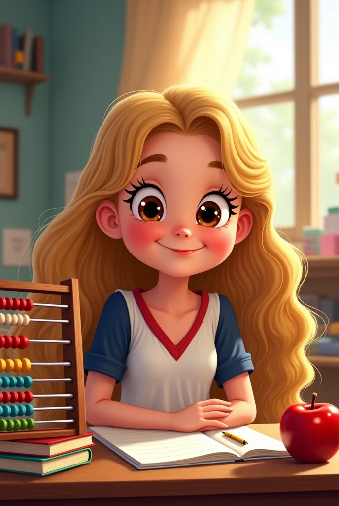 5 year old girl disney style , long curly blonde hair, brown eyes flirtatious smile white shirt red v-neck and navy blue short sleeves sitting at a desk with an abacus books and an apple in a 2nd grade classroom