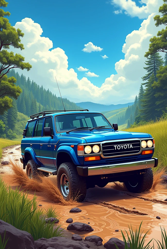 Create a Hot Wheels-style image of a 1990 Toyota Land Cruiser VX Limited Turbo Diesel in blue with bumpers driving through mud off-road. 
