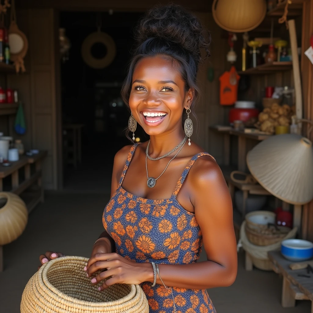 A beautiful Isaan woman with sharp features, round eyes, curled eyelashes, a donut-shaped bun hairstyle, a wide smile revealing her teeth. She's wearing a traditional 'Mo Hom' dress, holding a woven bamboo basket, and standing in an old-fashioned market.