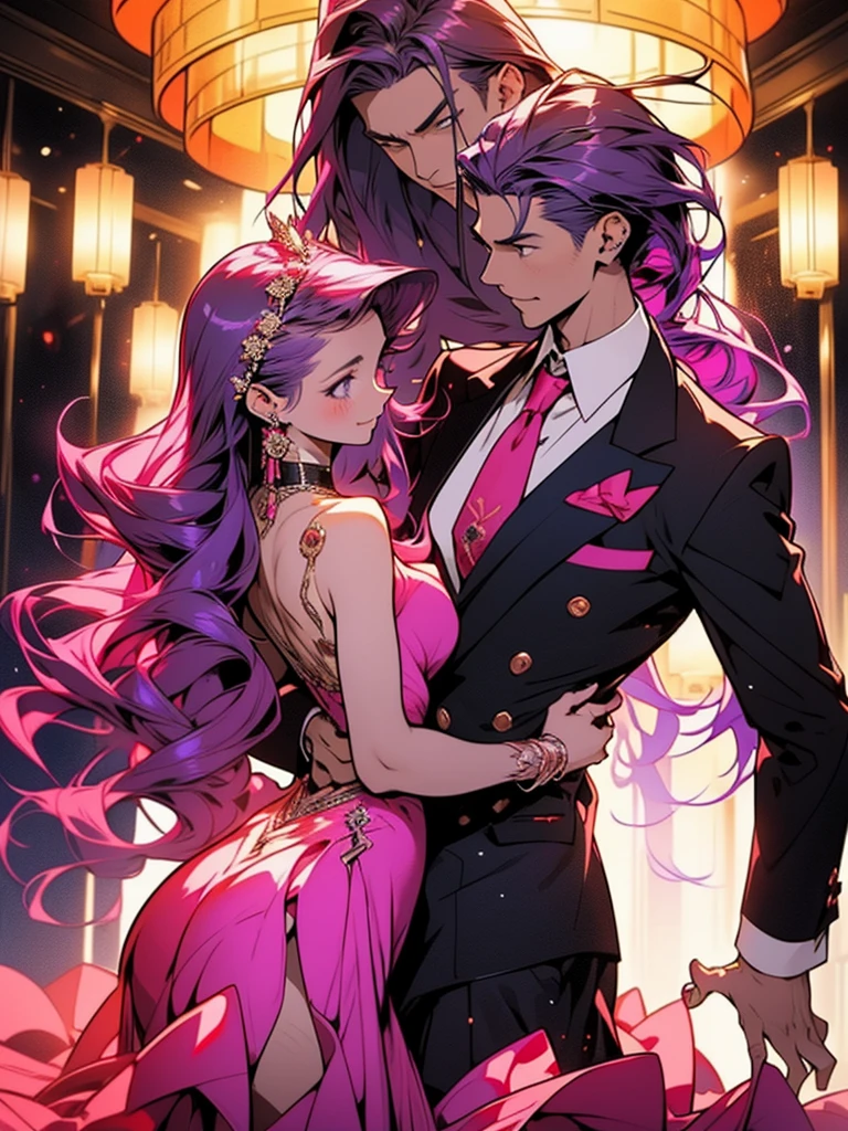 A boy and a girl are dancing a waltz. (The girl has purple hair. Long flowing hair. A beautiful cocktail dress. A graceful, slender figure. A detailed face.) The boy has gelled hair. A guy in a suit dances a waltz with a girl. Red guy. Red hair guy. Expensive rich hall.