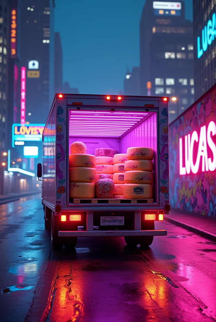 Cheese being transported by a brand new truck with a pallet jack, fluorescent colors in neo punk style and purple colors and truck details on the road driving
On the left sign in that style it should say "LUCASFLEX"
Provide more details, The cheese should be seen in the truck's box