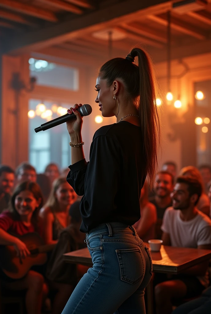 (photorealism:1.2), ((best quality)), ((masterpiece)), (detailed), very  beautiful woman(sexy body), pony tail hairstyle, wearing a black shirts and jeans, she is going  to singing(hanging a mic), performe at live music cafe with the accoustic bands, in the cafe room(many people watching), (realistic), (camera view all room 360°).