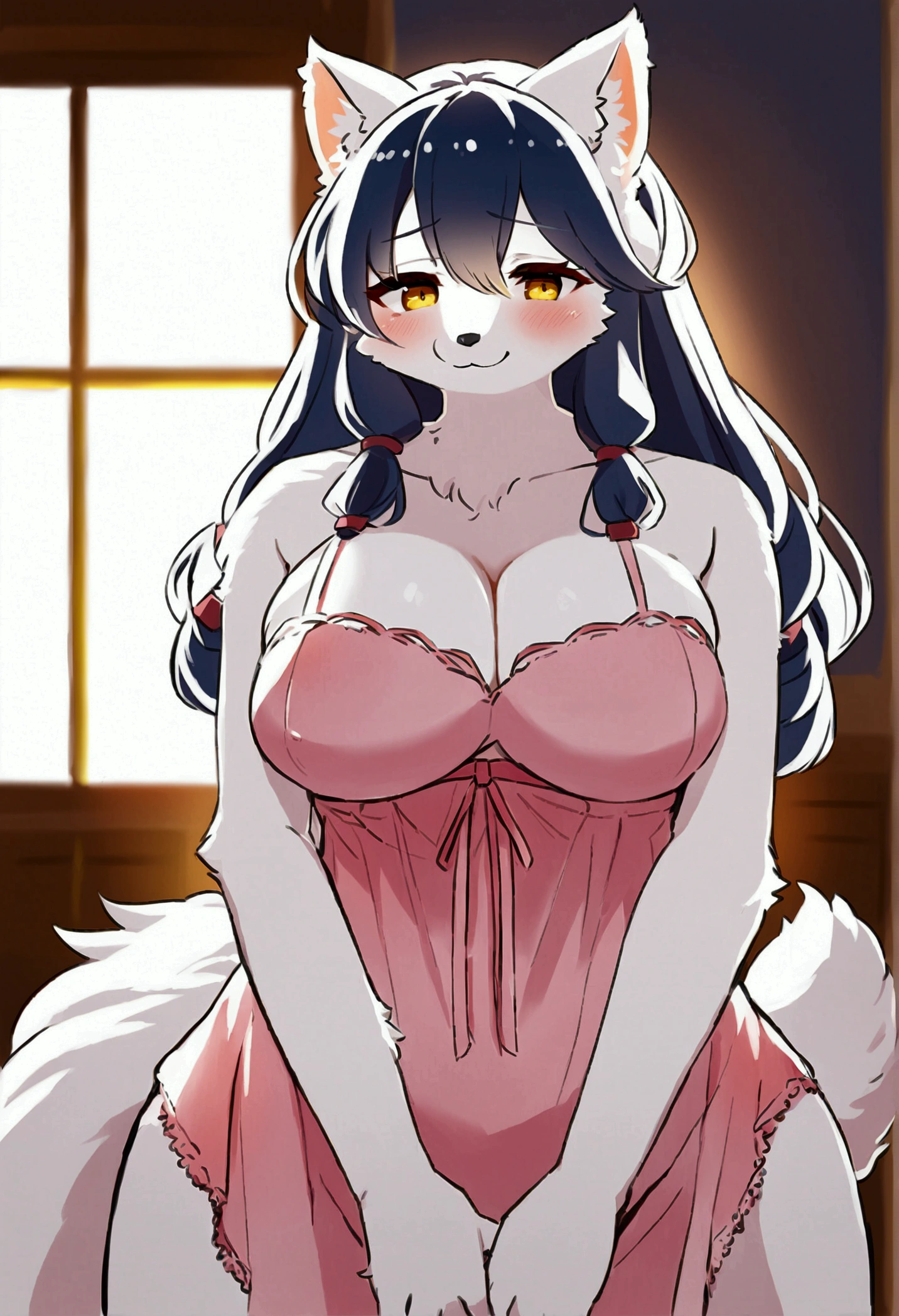 top quality, best quality, High-quality illustrations, masterpiece, 16k, 1080p, uploaded on e621)(kemono, furry, anthro, alone), round, 1 female, hot mother figure, very detailed body face and eyes, white ferret, Hanazono Chiyuki, (Sdorica), white fur, fluffy, , tail, perfect eyes, yellow eyes, nightgown, m, body movement, body twitching, shy smile, red blushing,