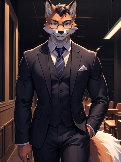 (a masterpiece, high quality, detailed image, 8k, Wallpaper, good lighting) 1 person, male fox furry, executive suit with glasses, muscular, good body, athletic body, attractive zorro, very handsome, business person, furry, well defined details,