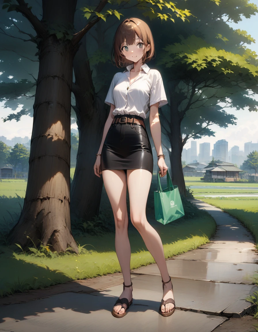 realistic anime illustration of beautiful young woman in brown shoulder length bob cut, she is standing on footpath under the big tree at suburb city 's rice field, telephone box is near the tree, BREAK, she is carrying a green handbag and holding a black paper bag, BREAK, she wearing white short sleeve collared unbuttoned top shirt, black pencil mini skirt with brown belt, and brown sandals, (1girl, solo, full body), (masterpiece, best quality, japanese anime style), (expressive eyes, perfect face)