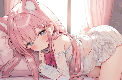 Text copied
（best quality，16K，8K，masterpiece，masterpiece：1.2），Full body portrait。（graceful，shining，shawl：1.1）pink super long hair，（charming，Shy的，gender，young，astringent，astringent：1.2）this astringent lolitA。Fox ears and tail。Cool mini skirt，pink，Leg ring，scarf，bow tie，Lace，A small portion of the shoulder is revealed，Lace pink panties，There are red slap prints on the butt，Get on all fours，from the side, view。Lolita。Clear eyes，Very detailed，Watercolor style，fairy tale theme，pink color palettes，Exquisite facial features，（DetAiled left eye closured，The delicate pink iris of the right eye：1.2）。fantasy，Wear Lace and floral decorate cloThing，Lying on the bed in A Warm bedroom，Carefully decorate the room，Soft Light，Fantastic atmosphere，Whimsical background，pink wallpaper，flow curtAins，beautiful brushstrokes、Subtle Gradient、Soft tones、charming dream atmosphere、The Light of Ethereal。charming，comfortable AppeArAnce，Dream，Soft colors，Full of energy，Pastel，fairy tale，Whimsical，Storybook illustration，bright，Soft Light，Ethereal，comfortable expression，innocenteyes，Sweet，charming，Storybook characters，WArm Light。卧室decorate有（grace、beauty、Feminization、Whimsical：1.1）decorate，create（Dream、closure、Sweet、charming：1.1）atmosphere of。（The view outside the floor-to-ceiling windows is clearly visible，Detailed night starry sky，The bedroom is very colorful，Rain on the window：1.4）。beauty的 photos，Exquisite glass。 By the window，Anatomically correct, beautifulPeople，Correct character structure。(Shy,blush,sit,beauty的,charming,teenager, Innocent:1.2) girl in bedroom, (Kawaii,charming,Fluffy,Soft colors,illuminated by neon Lights:1.2) atmosphere, (long flow,flow,shining,Silky:1.1) Tying hair with a small section of hair (Thin and long,Thin,beautiful:1.1) scarf. this room is filled with (Soft,comfortable,Warm,Romantic:1.1) Light, promote (charming,beautiful,tender,Soft:1.1) Girl characteristics. this (comfortable,comfortable,Chic,fashionable:1.1) Bedroom decorate has (graceful,beauty的,Feminization,Whim