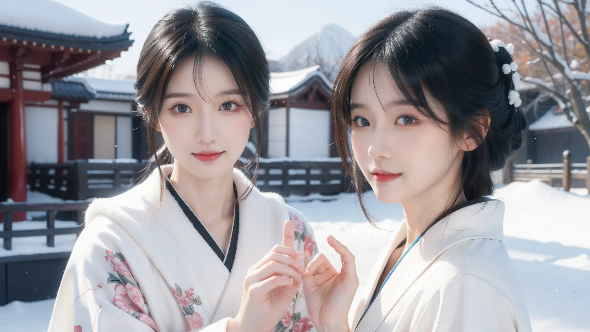 smile, wave hands, bye bye, Shortcuts, Hokkaido, front, winter, snow, 最high quality、high quality、Best image quality、8k、最High resolution、High resolution、Realistic photos, Healthy body, Beautiful Eyes, Flowing black hair, Colorful kimono, Calm expression, Soft lighting, Traditional Japanese art style, Vibrant colors, Peaceful atmosphere, Delicate features, Graceful posture, Beautiful Landscape