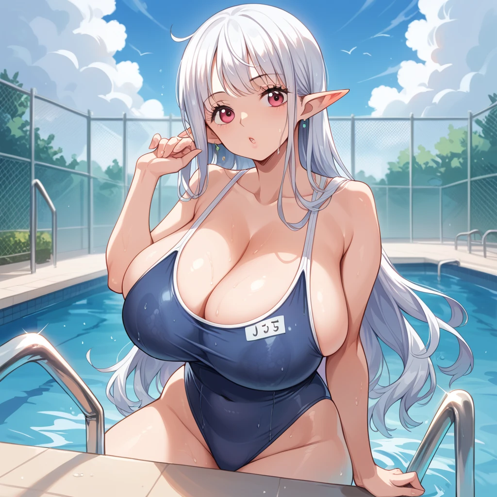 Milf, elf, school one piece swimsuit, white, see through, J cup breast, deep cleavage, thicc thigh, school swimming pool, clear view