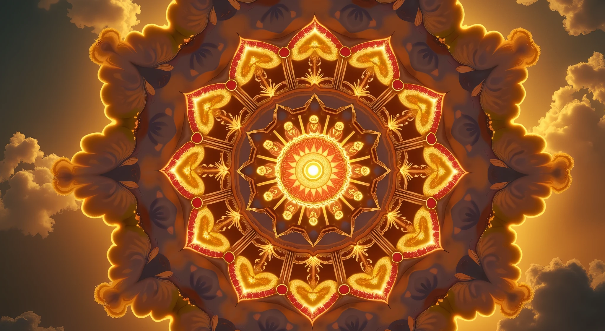 Gold mandala, golden mandala, clouds, symmetrical picture, beautiful lighting, 3d, nenuphar, ruby, 3d, vivid colors, intricate, elegant, cristal, smooth, sharp focus, highly detailed digital painting, illustration, joy, yellow, citron, chakra, tibetan, 3d, multidimensionnal, orange, chakras, 300dpi