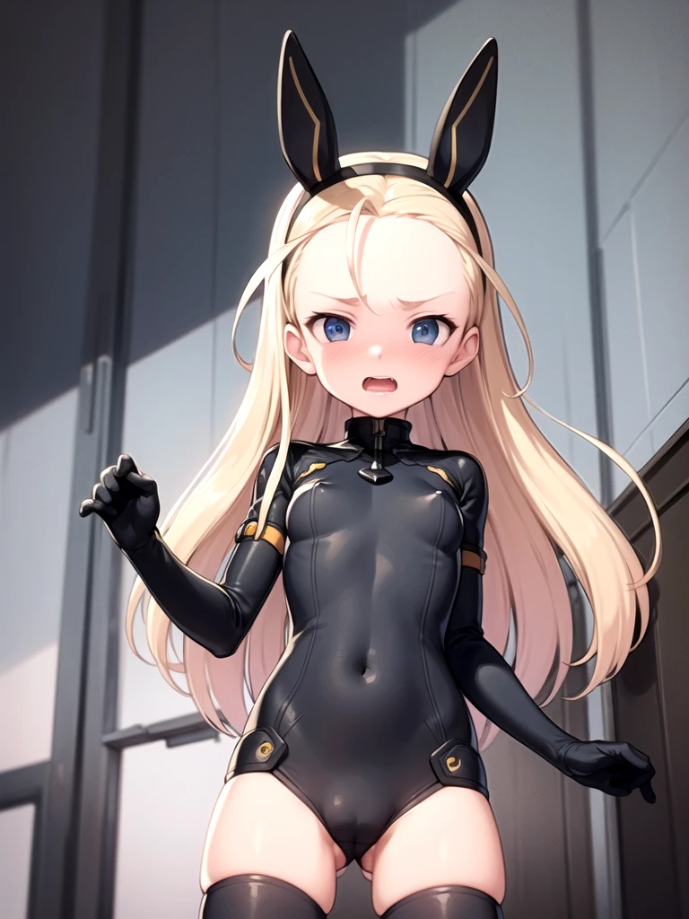 (masterpiece:1.4), beautiful detailed eyes:1.6, (illustration:1.3), best quality, best quality, high resolution, unity 8k wallpaper, extremely detailed face, super detailed skin:1.6, anime coloring:1.5, (elise, long hair, blonde hair, forehead, blue eyes, short stature, solo), pilot suit, animal ears, spread legs, open breast suit, no bra, beatiful nipple, show off nipple, bottomless, show off pussy, green boots, thighhighs, embarrassed, open mouth, Warship, looking at viewer, from below,