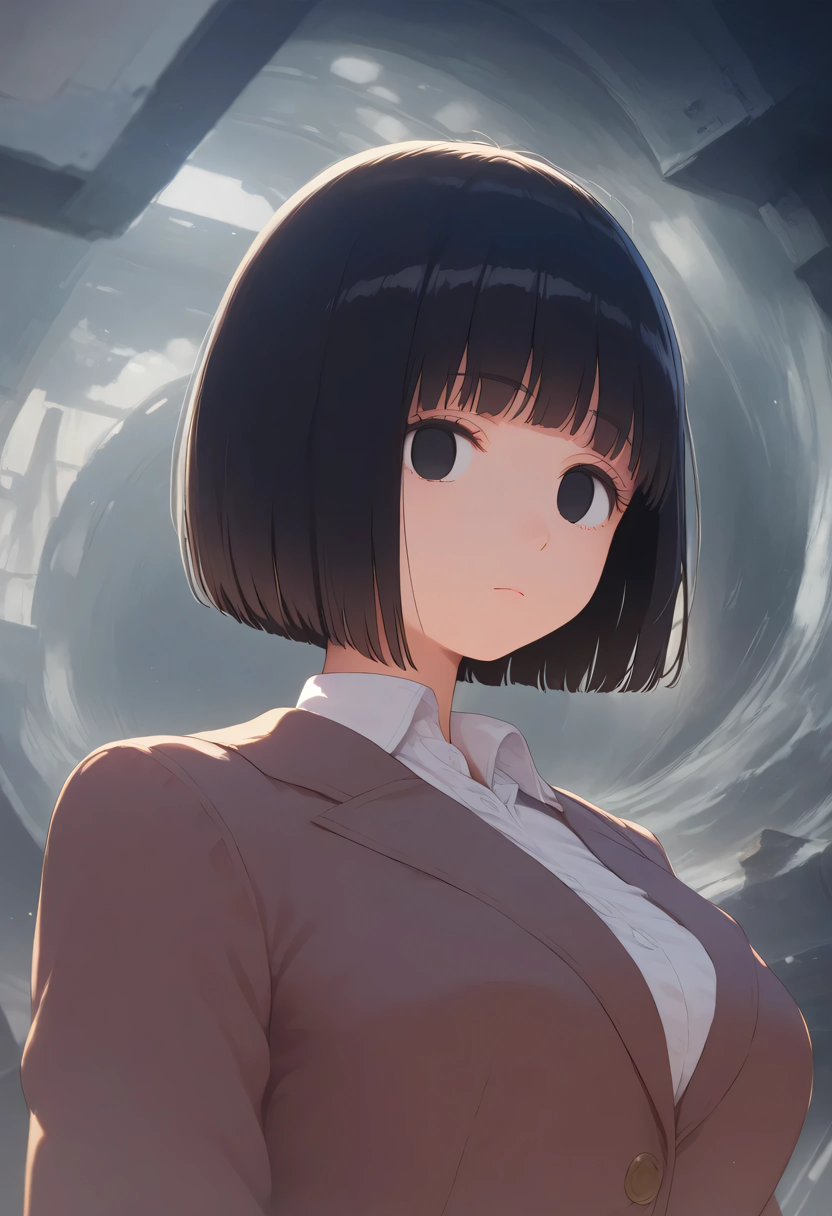 score_9,score_8_up,score_7_up,masterpiece,best quality, source anime, realistic, super detailed, extreme detailed, rating_safe,
1girl, from below, looking at viewer, upper body,
BREAK 22yo, short hair, bob cut, (blunt bangs), black hair, (tareme, black eyes), curled eyelashes, (large breasts:0.9),
shiny hair, beautiful face,
dark pink jacket, white collared shirt,
expressionless, (empty eyes:1.2), closed mouth,
narrow room, (darkness:1.3), miasma,