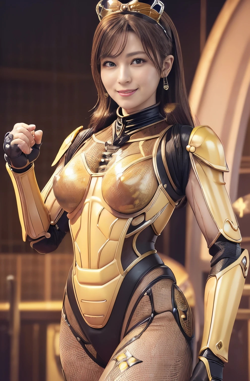 (high resolution,masterpiece,best quality,extremely detailed CG, anime, official art:1.4), realistic, photo, amazing fine details, all intricate, gloss and shiny,awesome many layers, 8k wall paper, 3d, sketch, kawaii, illustration,( solo:1.4), perfect female proportion,villainess, (fusion of queen bee and lady:1.4), (queen bee form lady:1.2), (queen bee lady:1.2), (fusion:1.2), (solo:1.4), (evil smile:1.2), muscular, abs, (queen bee exoskeleton bio insect suit:1.4), (cockroach brown exoskeleton bio insect armor:1.2), (brown transparency queen bee wing:1.4), (brown queen bee antennae:1.3),