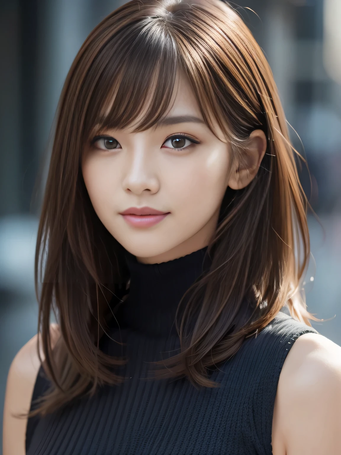 masterpiece, best quality, ultra-detailed, intricately detailed hyperdetailed, realistic, sharp features, highly detailed, sharp focus, Realistic, Photorealistic:1.3, (:1.5), perfect face, perfect symmetrically eyes, perfect full lips, hyper detailed, hyper realistic, high resolution, Fashion Model, Japanese Idol, Slender, brown hair, Stylish, model poses, Beautiful Face, light brown hair, messy hair, asymmetrical bangs, (seductive smile:1.2), (looking at viewer), cinematic lighting, grey background, (Black knit:1.2), portrait